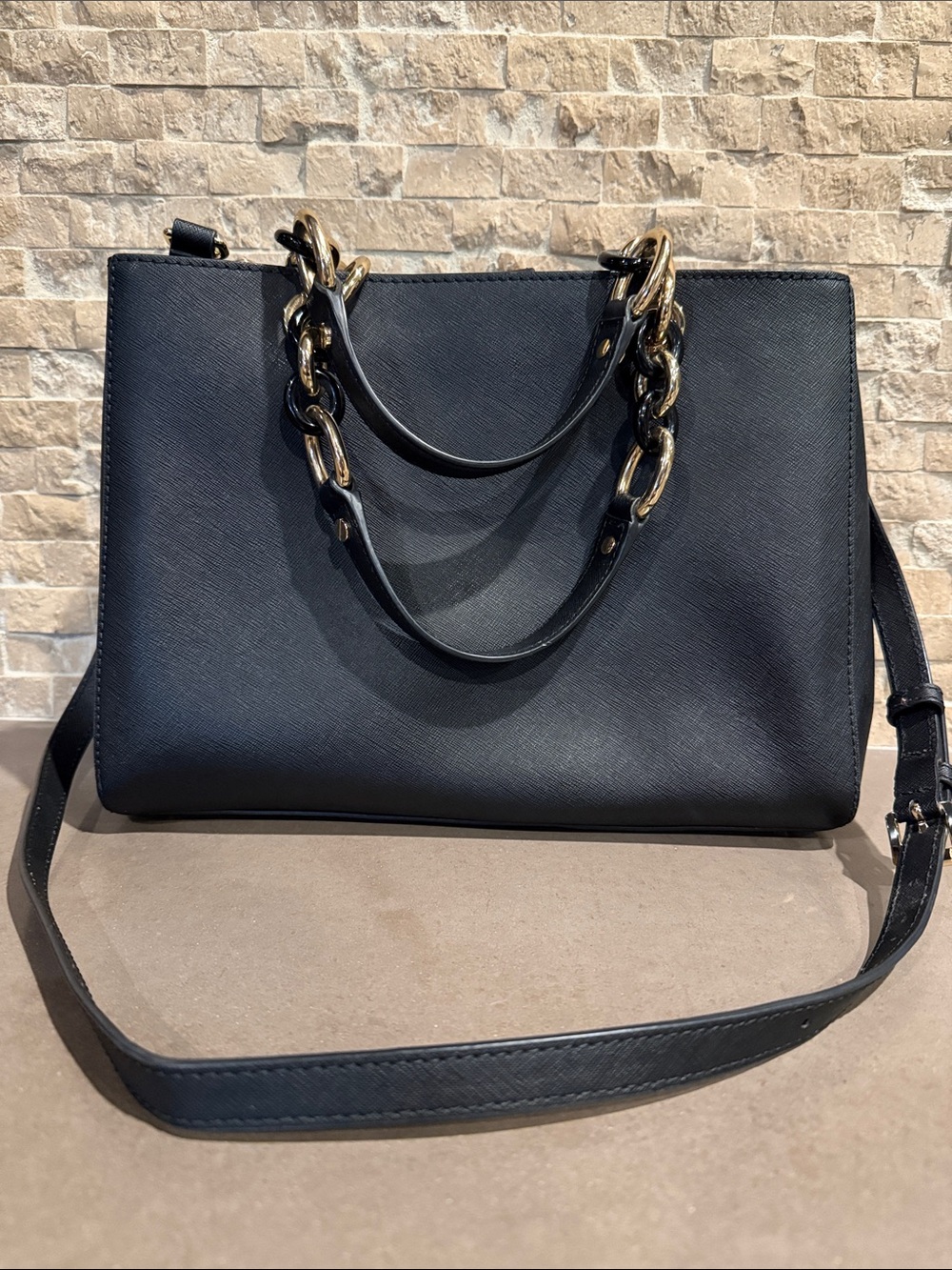 Michael Kors Black Leather Tote with Gold Chain Handles, Cynthia medium satchel